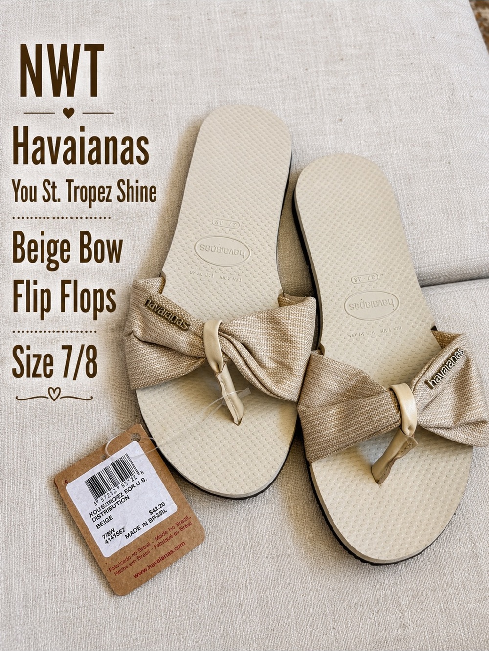 NWT Havaianas You St. Tropez Shine Beige Bow Flip Flops Women’s Size 7/8 - Picture 2 of 7
